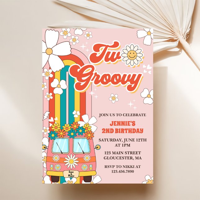 Two Groovy Retro Rainbow 2nd Birthday Invitation (Creator Uploaded)