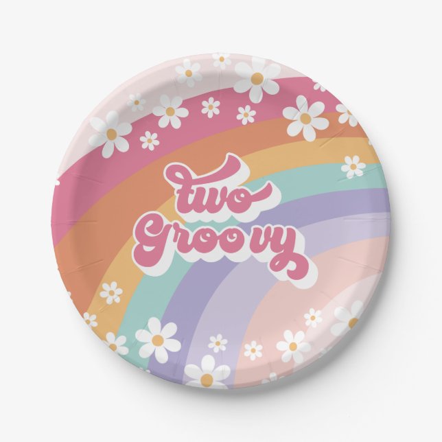 Two Groovy Retro Rainbow 2nd Birthday Paper Plate (Front)