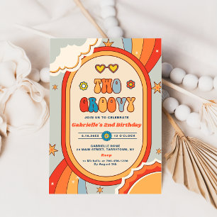 Two Groovy Retro Rainbow 2nd Birthday Party Invitation