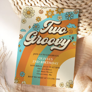 Two Groovy Retro Rainbow 2nd Birthday Party Invitation