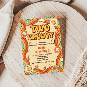 Two Groovy Retro Rainbow 2nd Birthday Party Invitation