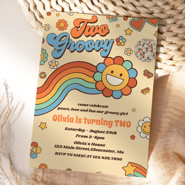 Two Groovy Retro Rainbow 2nd Birthday Party Invitation (Creator Uploaded)