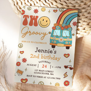 Two Groovy Retro Rainbow 2nd Birthday Party Invitation