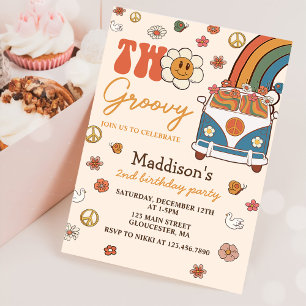 Two Groovy Retro Rainbow 2nd Birthday Party Invitation