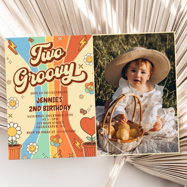 Two Groovy Retro Rainbow 2nd Birthday Party Photo Invitation (Creator Uploaded)