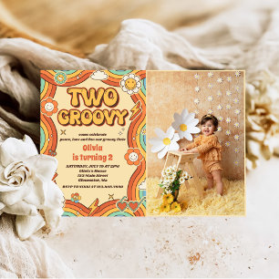 Two Groovy Retro Rainbow 2nd Birthday Party Photo Invitation
