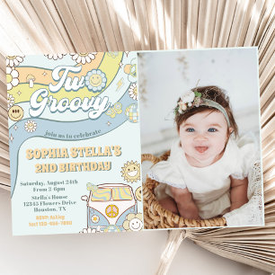 Two Groovy Retro Rainbow 2nd Birthday Party Photo Invitation
