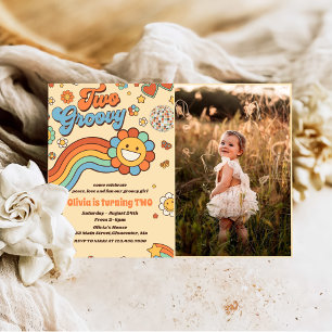 Two Groovy Retro Rainbow 2nd Birthday Party Photo Invitation