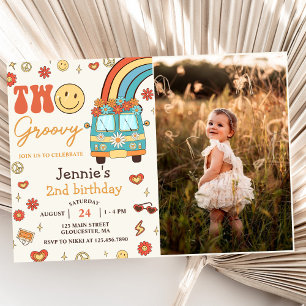 Two Groovy Retro Rainbow 2nd Birthday Party Photo Invitation