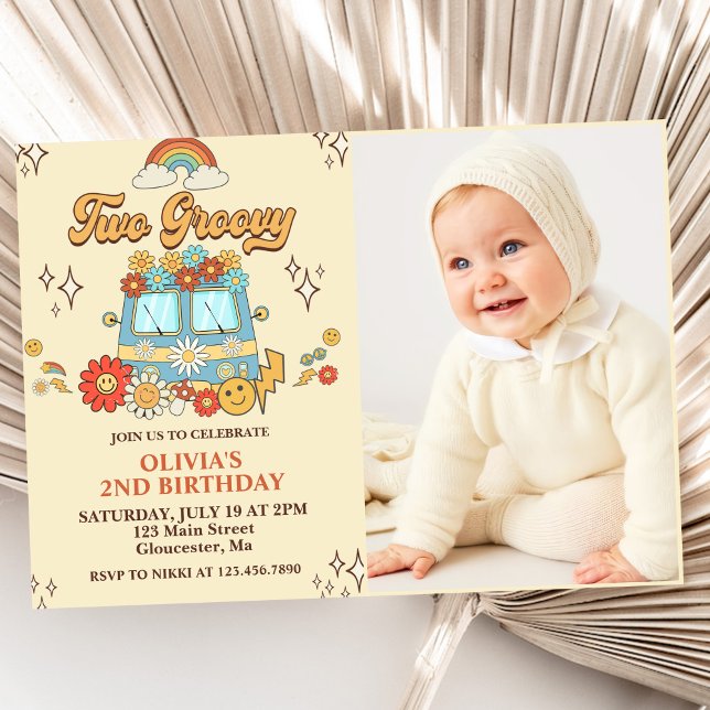 Two Groovy Retro Rainbow 2nd Birthday Party Photo Invitation (Creator Uploaded)