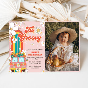 Two Groovy Retro Rainbow 2nd Birthday Photo Invitation