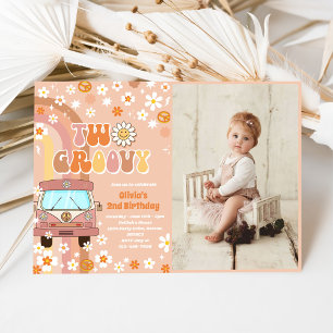  Two Groovy Retro Rainbow 2nd Birthday Photo Invitation