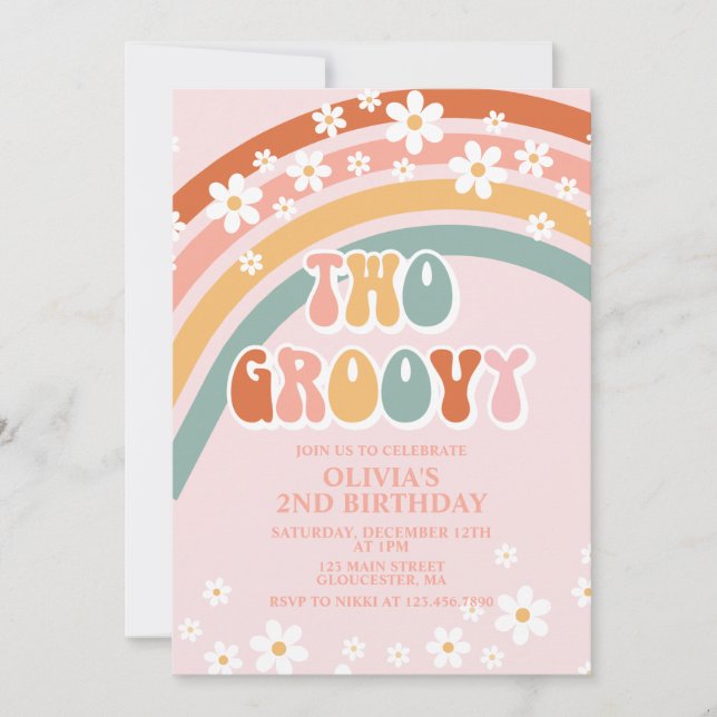 Two Groovy Retro Rainbow daisy Birthday Invitation (Front)