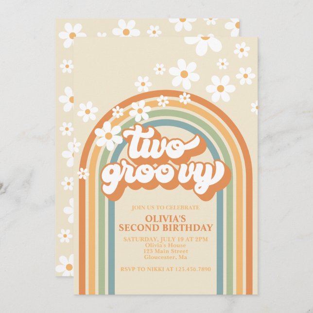 Two Groovy Retro Rainbow Daisy Birthday Invitation (Front/Back)