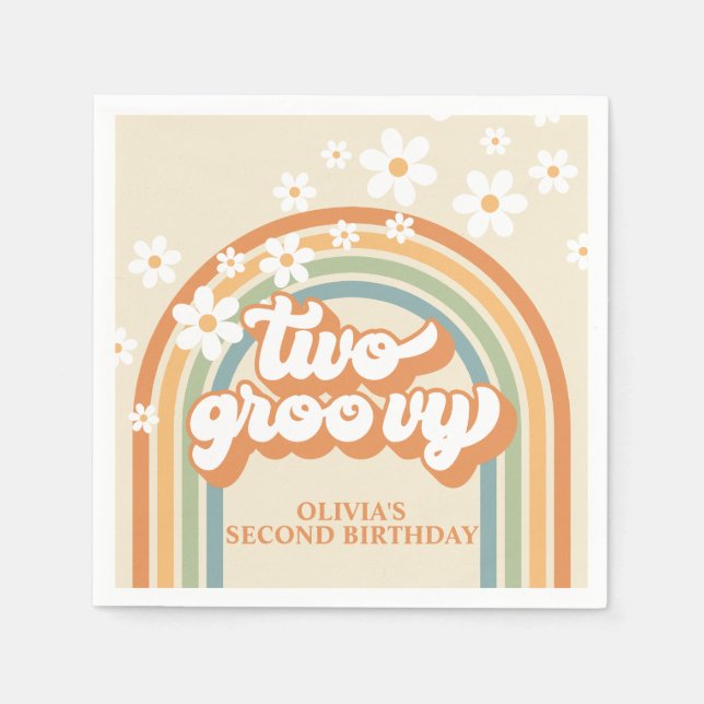 Two Groovy Retro Rainbow Daisy Birthday Napkin (Front)
