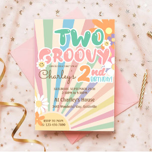 Two Groovy Retro Sunshine Daisy Boho 2nd Birthday Invitation