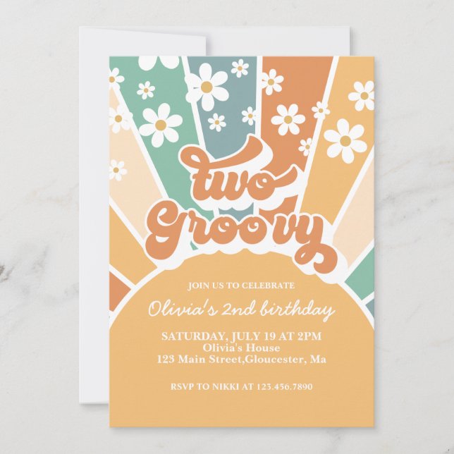 Two Groovy Retro Sunshine Rainbow Daisy Invitation (Front)