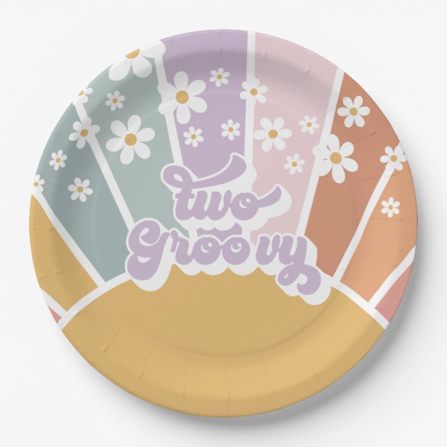 Two Groovy Retro Sunshine Rainbow Daisy Paper Plate (Front)