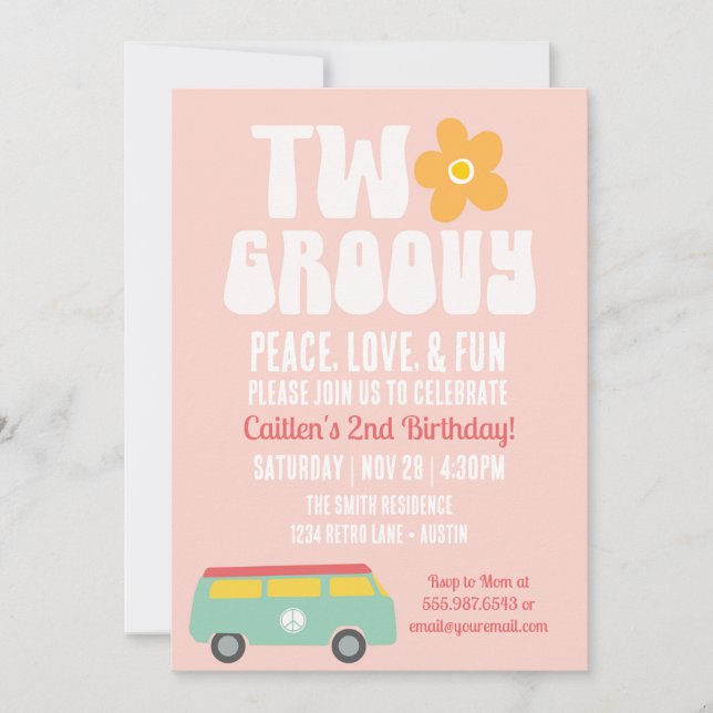 Two Groovy Second Birthday Retro Flower Peace Van Invitation (Front)