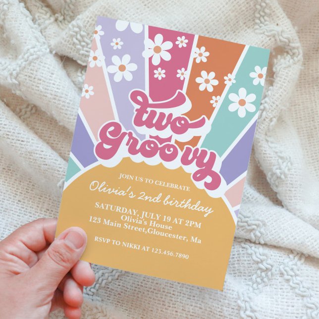 Two Groovy Sunshine Rainbow Daisy Invitation (Creator Uploaded)