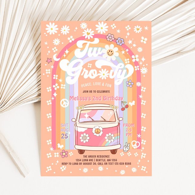 TWO Groovy Van Daisy Hippie 70s 2nd Birthday Invitation (Creator Uploaded)