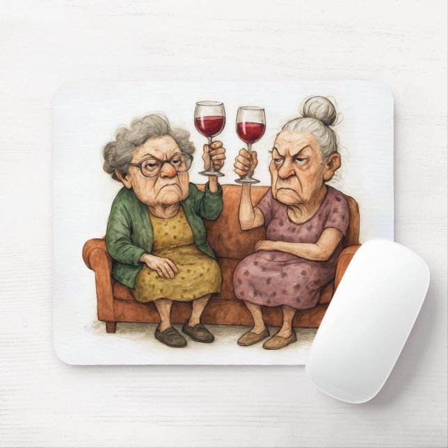 Two Grumpy Old Ladies With Red Wine Mouse Mat (With Mouse)