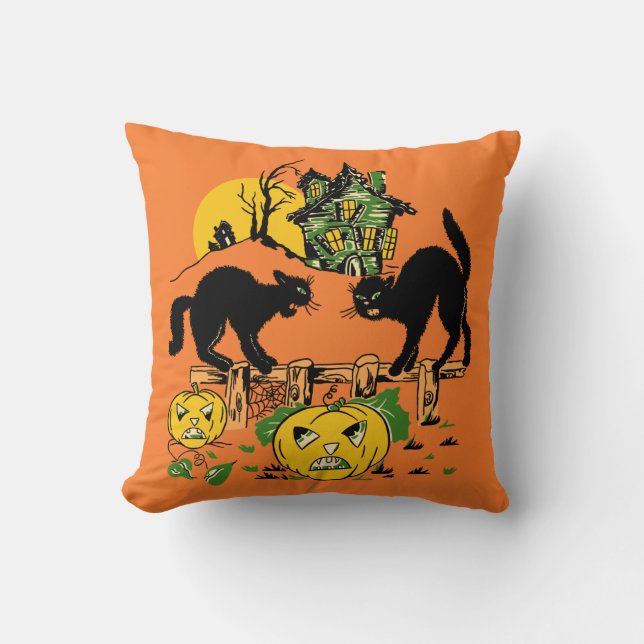 Two Halloween Black Cats and Haunted House Cushion (Front)