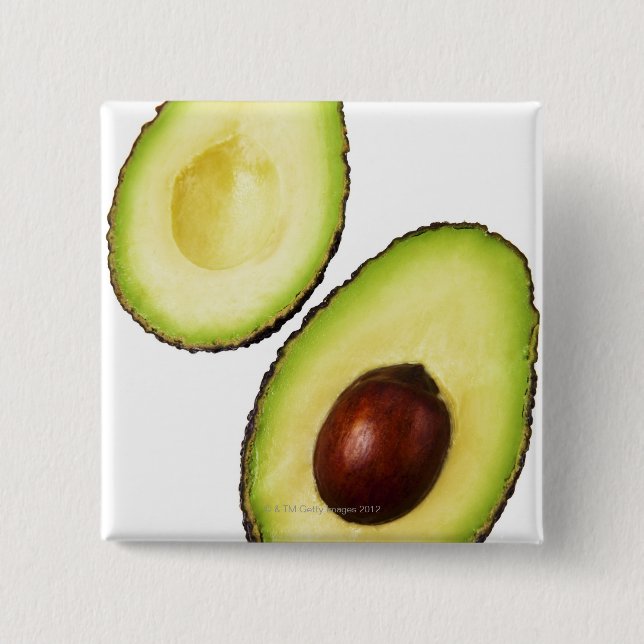 Two halves of an an avocado, on white 15 cm square badge (Front)
