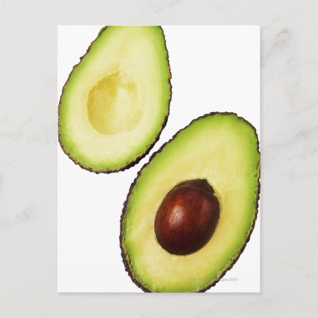 Two halves of an an avocado, on white postcard (Front)