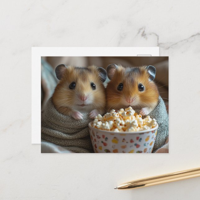 Two Hamsters With a Large Popcorn Bowl Postcard (Front/Back In Situ)