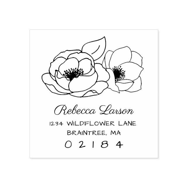 Two Hand Drawn Anemone Flowers Return Address Rubber Stamp (Imprint)