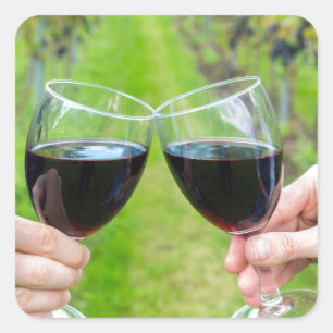 Two hands toasting with wine glasses in vineyard square sticker