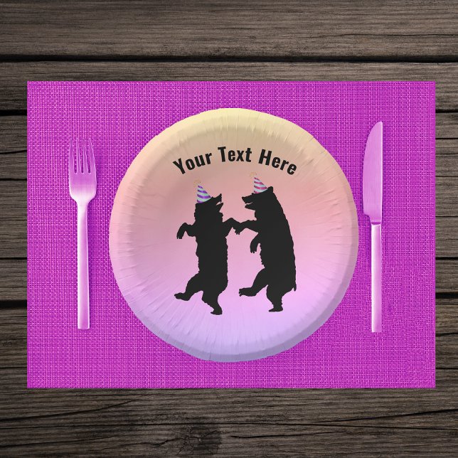 Two Happy Dancing Black Bears Party Hats Pastels Paper Plate (Happy dancing black bears wearing party hats on pastel colours on paper party bowls.)
