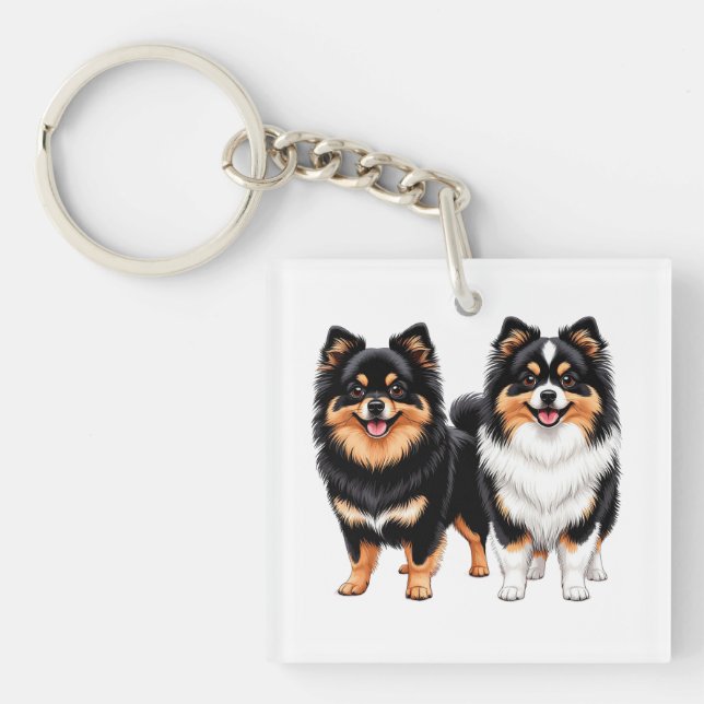 Two Happy Fluffy Dogs Sit Side by Side Key Ring (Front)
