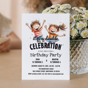 Two Happy Kids Double Birthday Party Invitation