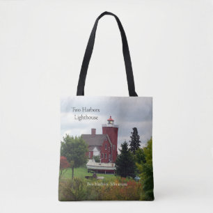 Two Harbours Lighthouse & boat all over tote bag