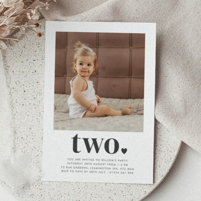 Two Heart Square Photo 2nd Birthday Invitation (Two Heart Square Photo First Birthday Invitation )