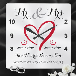 Two Hearts Become One Mr and Mrs Wedding Gifts Square Wall Clock