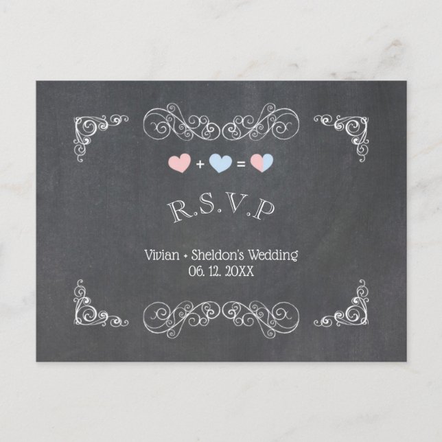 Two Hearts Chalkboard Wedding RSVP Invitation Postcard (Front)