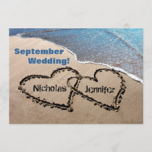 Two Hearts In Sand Summer Beach Wedding Invitation