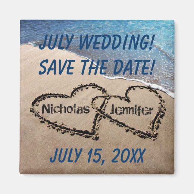 Two Hearts In The Sand Beach Save The Date Magnet (Front)