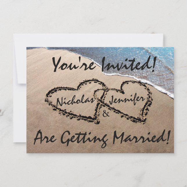 Two Hearts In The Sand Beach Wedding Invitation (Front)