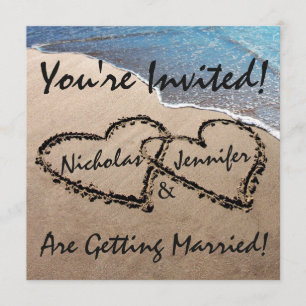 Two Hearts In The Sand Beach Wedding Invitation