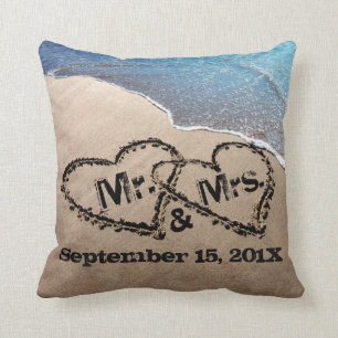 Two Hearts In The Sand Beach Wedding Pillow