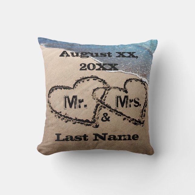 Two Hearts In The Sand Mr. & Mrs. Wedding Pillow (Front)