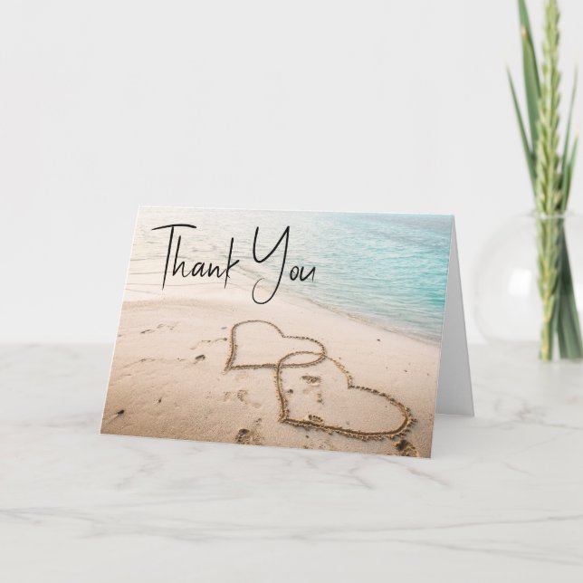Two Hearts in the Sand Wedding Thank You Card (Front)