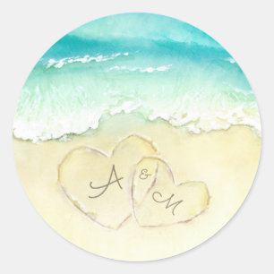 Two Hearts in the Shoreline Tropical Beach Wedding Classic Round Sticker