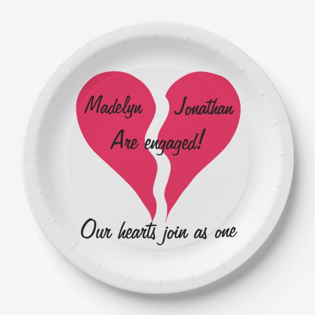 Two Hearts Join as One Name Personalised Engaged Paper Plate (Front)