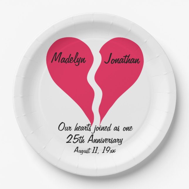 Two Hearts Joined Anniversary Name Personalised Paper Plate (Front)