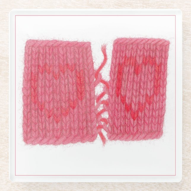TWO HEARTS KNIT Glass Beverage Coaster (Front)